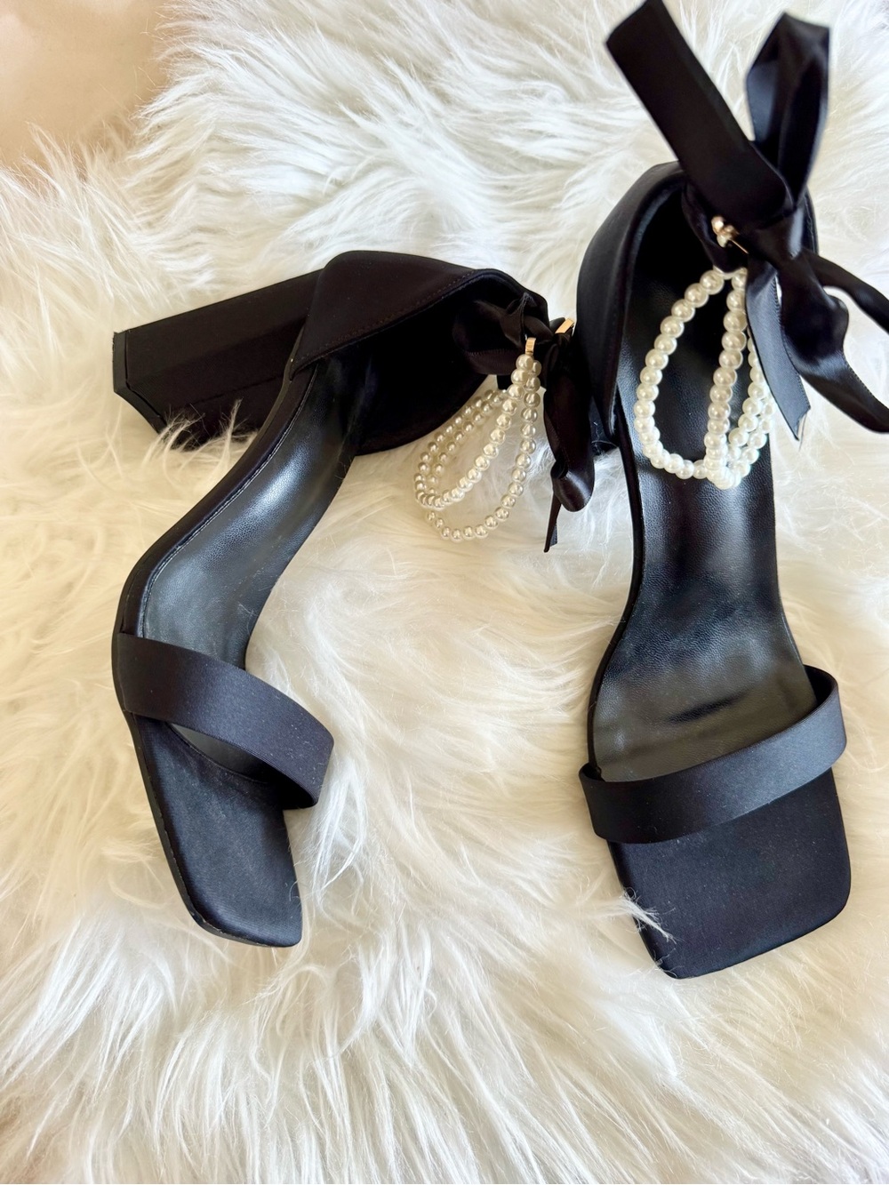 Black Pearl-Embellished Satin Heels - Women's Evening Sandals - Picture 3 of 5